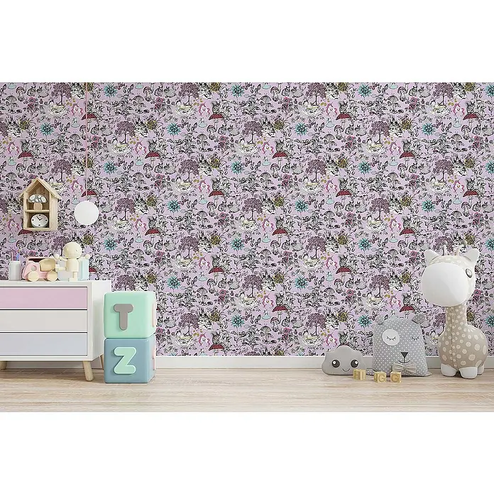 Tadessi Vliestapete M1-No.728 - Schwarz, Floral, 10,05 x 0,53 m - Detaillierte lila Tapete mit Zauberwaldmuster, Tieren, Pilzen und Schlössern im Kinderzimmer.