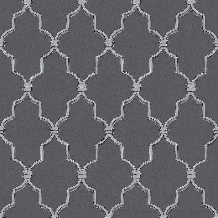 Tadessi Vliestapete M1-No.213 - Schwarz, Ornament, 10,05 x 0,53 m - Helles graues, ineinandergreifendes geometrisches Spalier-Muster.