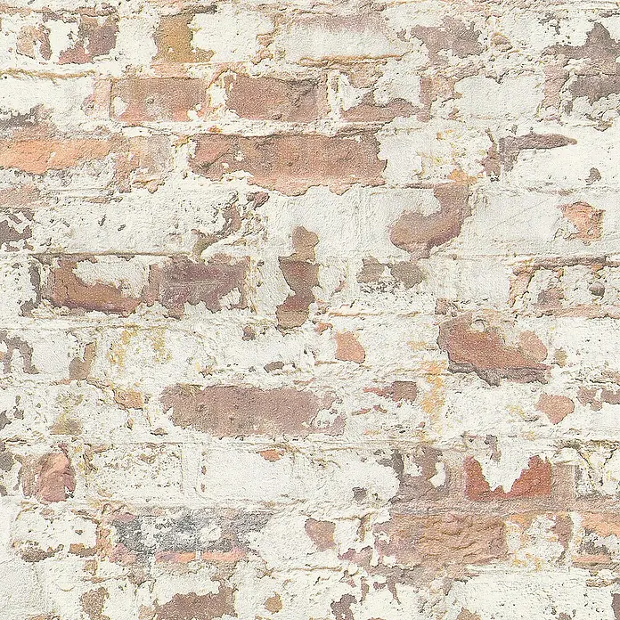 Tadessi Vliestapete M1-No.291 - Orange, Steinoptik, 10,05 x 0,53 m - Rustikale, verwitterte Ziegelwandstruktur mit abblätternder weißer Farbe, die rotbraune Ziegel enthüllt.