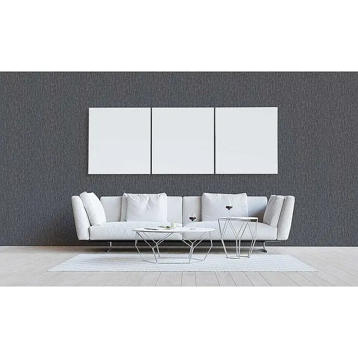Tadessi Vliestapete M1-No.3403 - Grau, Sonstiges, 10,05 x 0,53 m - Drei weiße rechteckige Leinwände nebeneinander über einem Sofa in einem modernen Wohnzimmer.