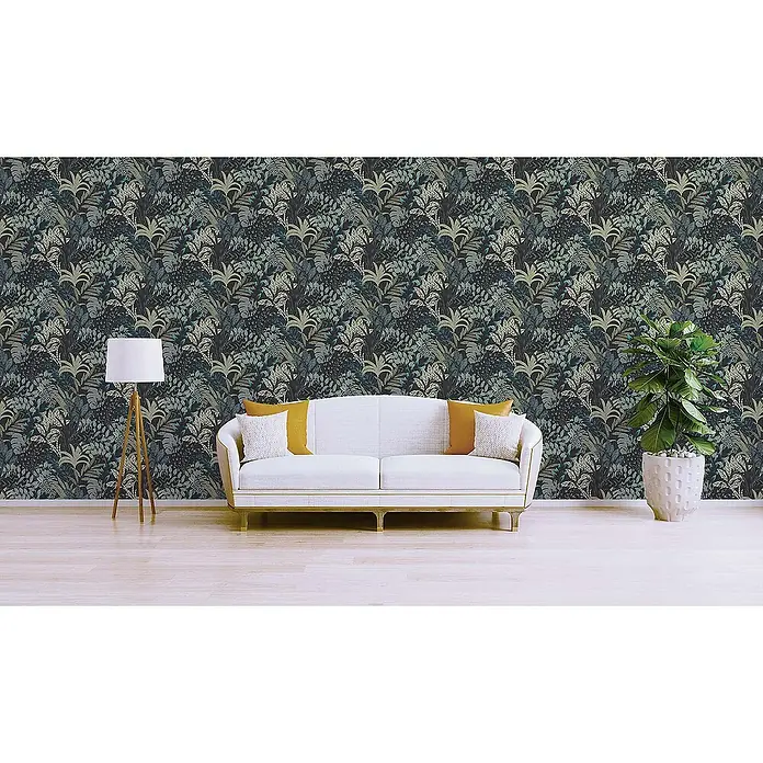Tadessi Vliestapete M1-No.609 - Schwarz, Floral, 10,05 x 0,53 m - Dunkle botanische Tapete mit dichtem grünem, blauem und beigem Blattmuster.