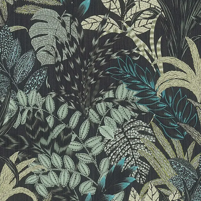 Tadessi Vliestapete M1-No.609 - Schwarz, Floral, 10,05 x 0,53 m - Tapete mit tropischem Blattmuster in Petrol, Graugrün und Beige auf dunklem strukturiertem Hintergrund.