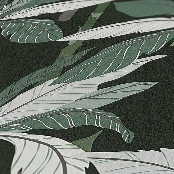Tadessi Vliestapete M1-No.1463 - Schwarz, Floral, 10,05 x 0,53 m - Stilisierte grüne und hellgrüne tropische Blätter mit weißen Adern bilden ein dichtes, dekoratives Muster auf dunklem Hintergrund.
