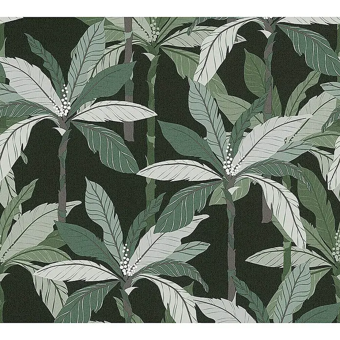 Tadessi Vliestapete M1-No.1463 - Schwarz, Floral, 10,05 x 0,53 m - Dunkelgrüne Tapete mit tropischem Muster aus palmähnlichen Blättern in verschiedenen Grün- und Hellgrüntönen, mit kleinen weißen Beeren.