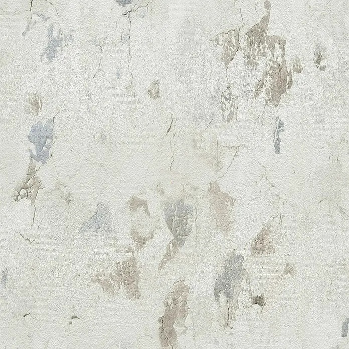 Tadessi Vliestapete M1-No.649 - Grau, Steinoptik, 10,05 x 0,53 m - Helle beige Wandtextur mit abblätternder Farbe und Rissen, mit grauen und braunen Flecken.