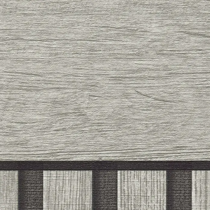 Tadessi Vliestapete 0 - Grau, Streifen, 5 x 1,06 m - Helle Holzstrukturplatte mit dunklem Querstreifen und abwechselnden vertikalen Holzplanken darunter.