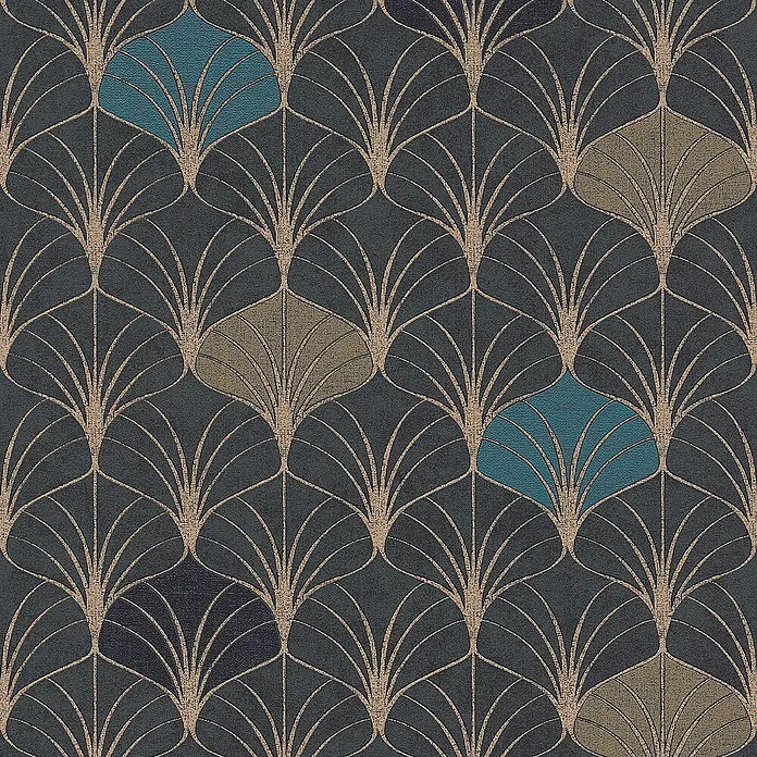 Tadessi Vliestapete M1-No.458 - Schwarz, Sonstiges, 10,05 x 0,53 m - Art-déco-Fächermuster-Tapete mit Goldlinien auf dunklem Grund, akzentuiert mit petrolfarbenen, khakifarbenen und tiefblauen Fächern.