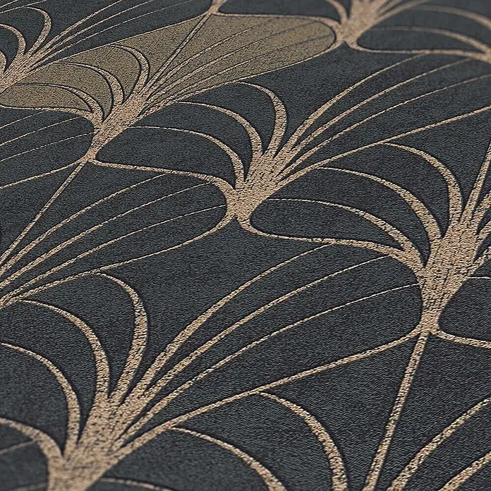Tadessi Vliestapete M1-No.458 - Schwarz, Sonstiges, 10,05 x 0,53 m - Strukturierte dunkle Tapete mit goldenen Art-déco-Fächermustern.