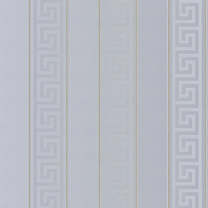 Tadessi Vliestapete M1-No.879 - Silber, Streifen, 10,05 x 0,7 m - Hellgraue gestreifte Tapete mit Mäandermuster und dünnen Goldakzenten.