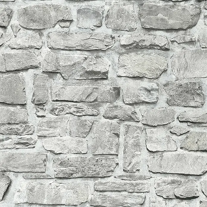 Tadessi Vliestapete M1-No.185 - Grau, Steinoptik, 10,05 x 0,53 m - Hellgraue, realistische Steinwandtextur mit unterschiedlich großen, grob behauenen Steinen und sichtbaren Mörtelfugen.