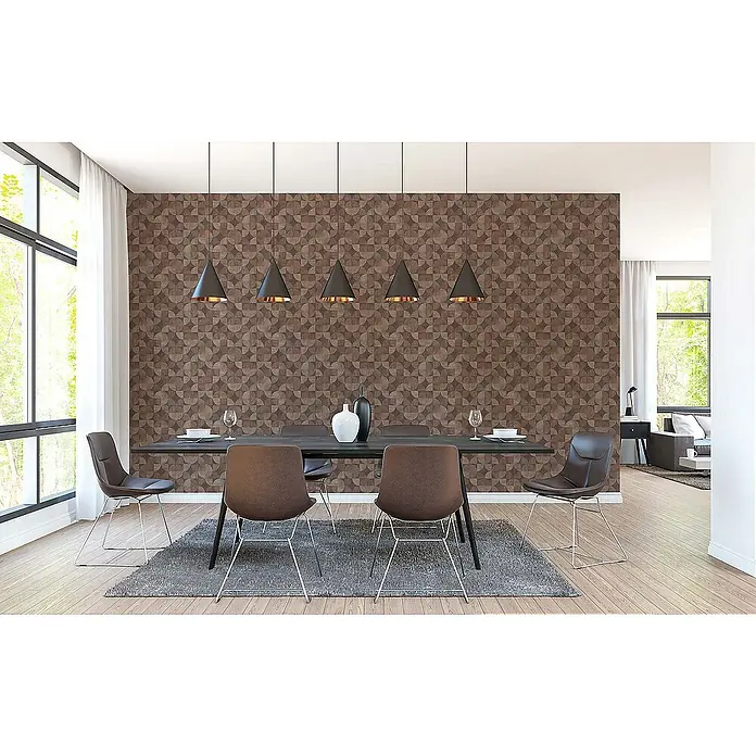 Tadessi Vliestapete M1-No.1569 - Beige, Sonstiges, 10,05 x 0,53 m - Braune, geometrisch gemusterte Tapete in einem Esszimmerambiente.