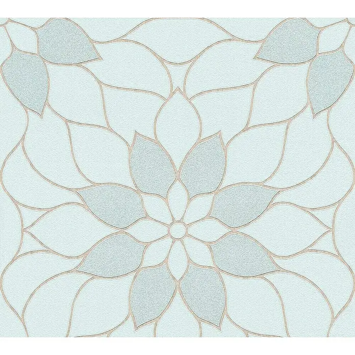 Tadessi Vliestapete M1-No.1634 - Grün, Floral, 10,05 x 0,53 m - Dekoratives hellblau-aquafarbenes Blumenmuster mit feiner Textur und beigen Umrissen, geeignet für Tapeten oder Fliesen.