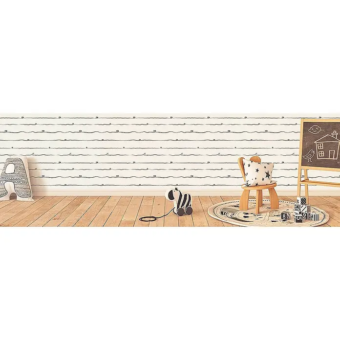 Tadessi Vliestapete M1-No.1549 - Schwarz, Sonstiges, 10,05 x 0,53 m - Cremefarbene Tapete mit handgezeichneten wellenförmigen Linien, kleinen Herzen und 'love'-Schriftzug in einem Kinderzimmer.