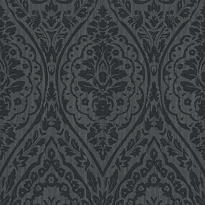 Tadessi Vliestapete M1-No.3857 - Schwarz, Streifen, 10,05 x 0,53 m - Dunkelgraue Tapete mit Damastmuster und feinen vertikalen Streifen.