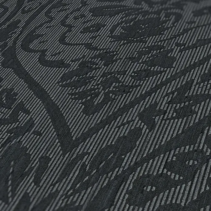 Tadessi Vliestapete M1-No.3857 - Schwarz, Streifen, 10,05 x 0,53 m - Dunkelgrauer gemusterter Stoff mit texturiertem, linearem Paisley- oder Blumenmuster.