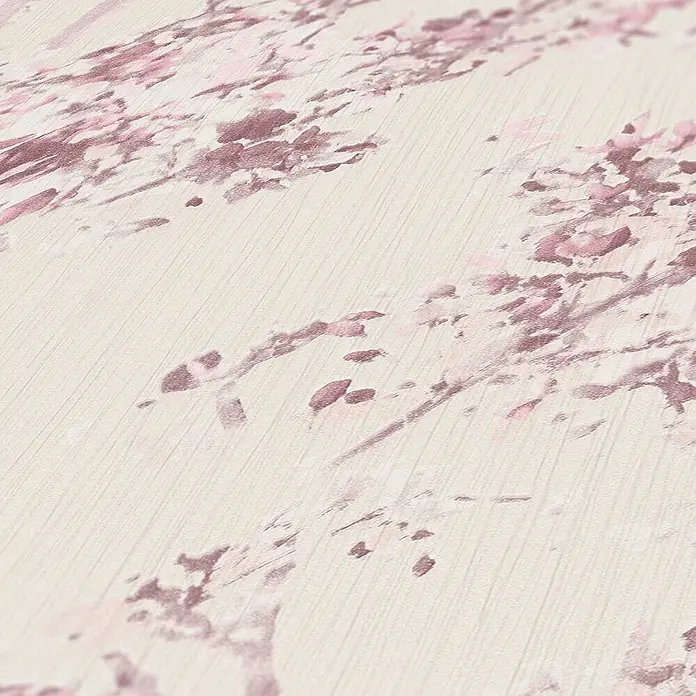 Tadessi Vliestapete M1-No.1301 - Rosa, Floral - Texturierte Tapete mit abstraktem rosa-mauve Pinselstrichmuster auf hellem, subtil gestreiftem Hintergrund.