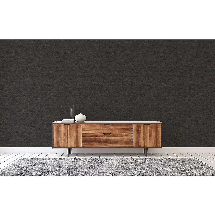 Tadessi Vliestapete M1-No.1780 - Grau, Sonstiges, 10,05 x 0,53 m - Holzsideboard mit zwei Schubladen und zwei Türen, mit dunkelgrauer Platte und Beinen.