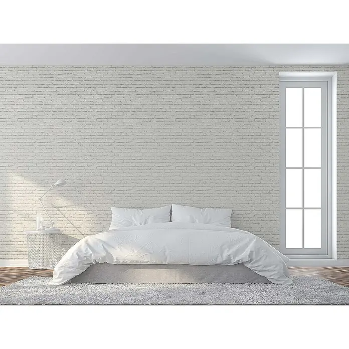 Tadessi Vliestapete M1-No.88 - Grau, Steinoptik, 10,05 x 0,53 m - Komfortables Bett mit frischer weißer Bettwäsche in einem minimalistischen Schlafzimmer.