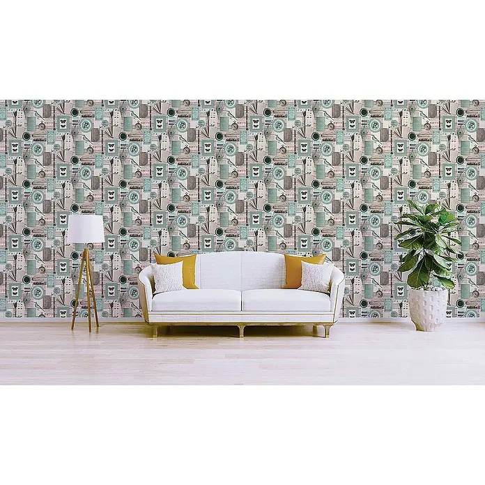 Tadessi Vliestapete M1-No.2704 - Braun, Sonstiges, 10,05 x 0,53 m - Tapete mit Vintage-Muster aus Büchern, Schmetterlingen und Vögeln, schmückt eine Wohnzimmerwand.