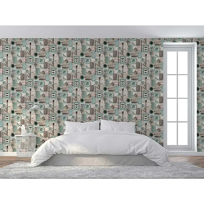 Tadessi Vliestapete M1-No.2704 - Braun, Sonstiges, 10,05 x 0,53 m - Vintage-Tapete mit Schmetterlingen, Vögeln, Büchern und Kompassen in gedämpften Blau- und Brauntönen, bedeckt eine Schlafzimmerwand.