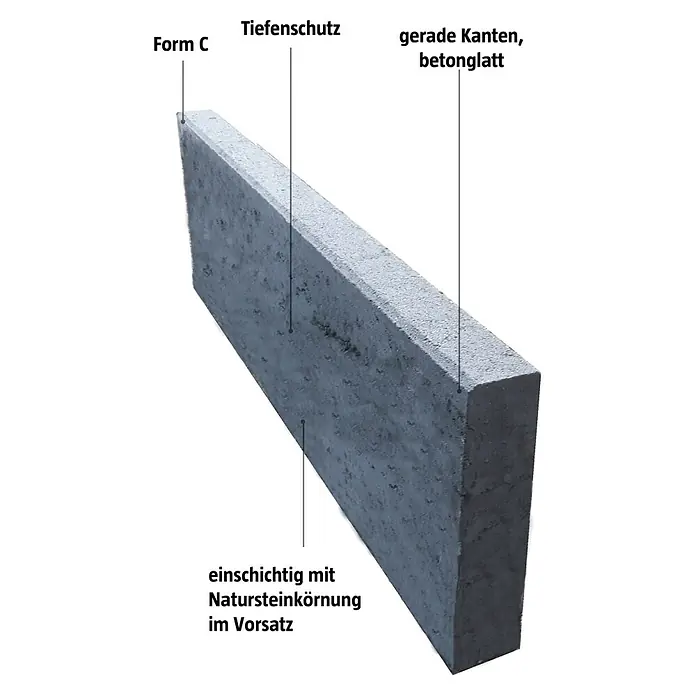 EHL EIBA Rasenkante - 80 x 5 x 20 cm, Anthrazit, Beton - Das Bild zeigt eine Form C Tiefbordsteine mit geraden Kanten und Tiefenschutz, einschichtig mit Natursteinkörnung im Vorsatz.