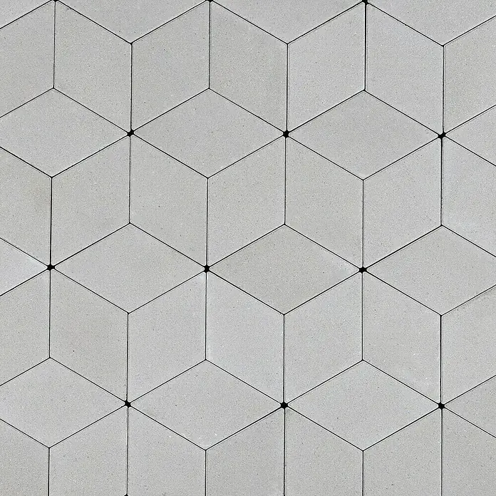 EHL Pflasterstein Plativo - 33,5 x 20 x 8 cm, Weiß, Beton - Ein faszinierendes Bild von Betonpflastersteinen, die ein optisches Täuschungsmuster aus sich wiederholenden Würfeln in sanften Grautönen erzeugen.