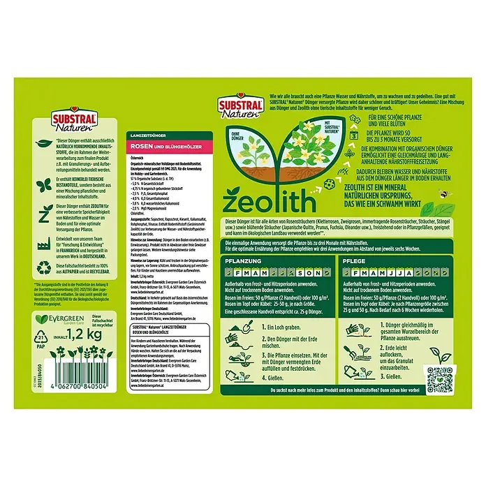 Substral Naturen Rosendünger - 1,2 kg - Packung Substral Naturen Langzeitdünger für Rosen und Blühgehölze. Enthält Zeolith, verbessert Nährstoff- und Wasseraufnahme.