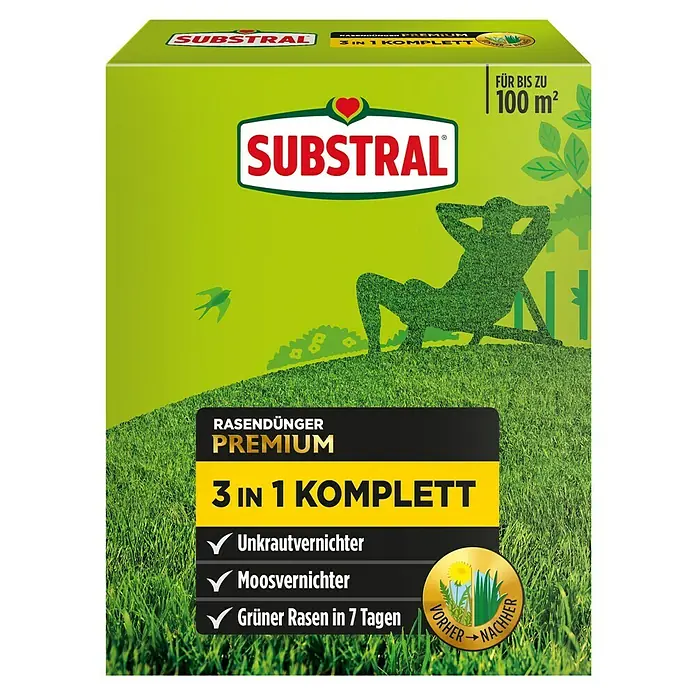 Substral Rasendünger Premium 3 in 1 - 3,6 kg, Max. Anwendungsfläche: 100 m² - Bild einer Packung Substral Premium 3 in 1 Komplett Rasendünger, der Unkraut und Moos vernichtet und für grünen Rasen sorgt.