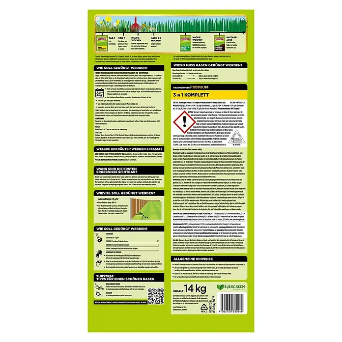 Substral Rasendünger Premium 3 in 1 - 14 kg, Max. Anwendungsfläche: 400 m² - Produktverpackung von Substral Premium Rasendünger 3 in 1 Komplett, einem Dünger für einen dichten, grünen Rasen.