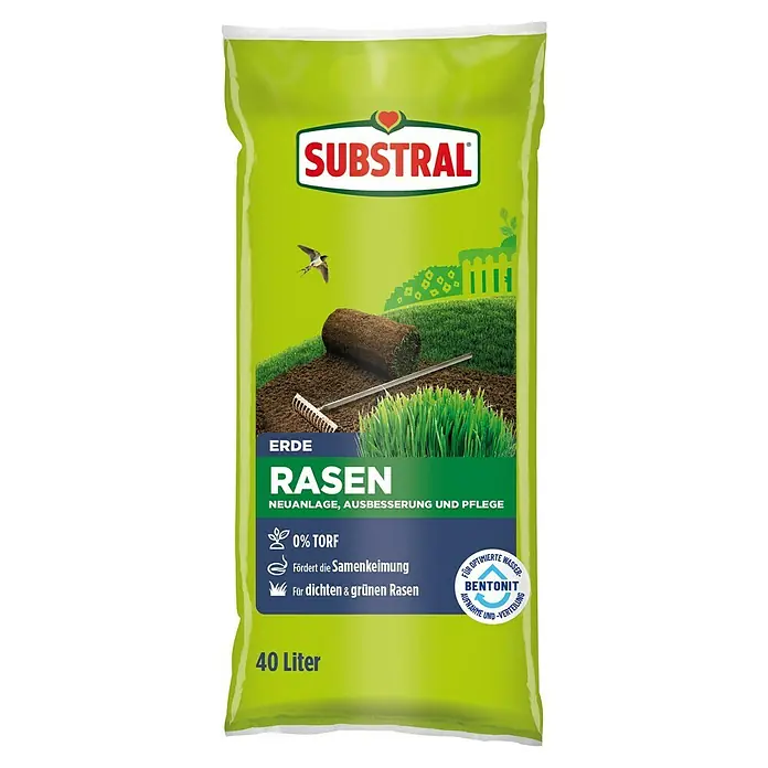 Substral Rasenerde - 40 l, Torffrei - Eine Tüte Substral Rasenerde mit dem Hinweis, dass sie torffrei ist und die Samenkeimung fördert für dichten, grünen Rasen.