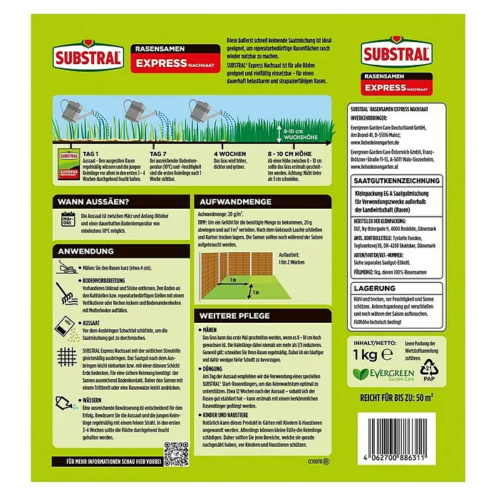 Substral Rasensamen Express Nachsaat - 1 kg, 50 m² - Substral Express Nachsaat Rasensamen-Verpackung, ideal für eine schnelle Rasenerneuerung und einen strapazierfähigen, dichten Rasen.
