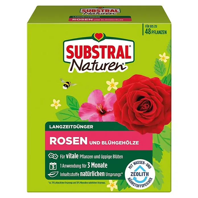 Substral Naturen Rosendünger - 1,2 kg - SUBSTRAL Naturen Langzeitdünger Rosen und Blühgehölze für bis zu 48 Pflanzen, mit natürlichen Inhaltsstoffen und Zeolith Nährstoffspeicher.