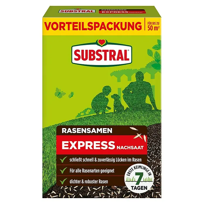 Substral Rasensamen Express Nachsaat - 1 kg, 50 m² - Substral Rasensamen Express Nachsaat Vorteilspackung für bis zu 50 m². Das Produkt verspricht schnelle Keimung und einen dichten, robusten Rasen.