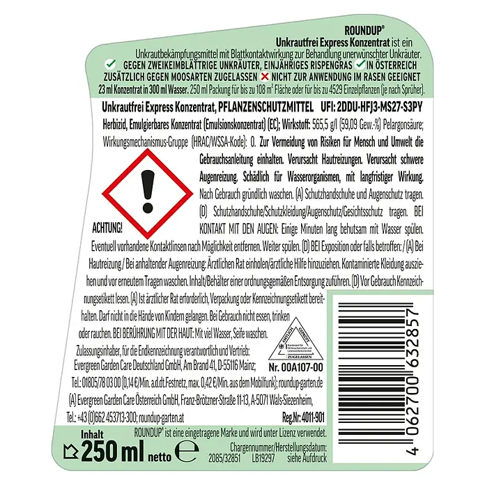 Roundup Unkrautvernichter Unkrautfrei Express Konzentrat - 250 ml - Bild einer Flasche Roundup Unkrautfrei Express Konzentrat, ein Herbizid zur Bekämpfung unerwünschter Unkräuter.