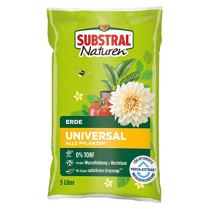 Substral Universalerde - Nettovolumen: 5 l, Torffrei - Abbildung einer Packung Substral Naturen Universalerde, torffrei, für alle Pflanzen geeignet, mit Yucca-Extrakt zur Wasserspeicherung.