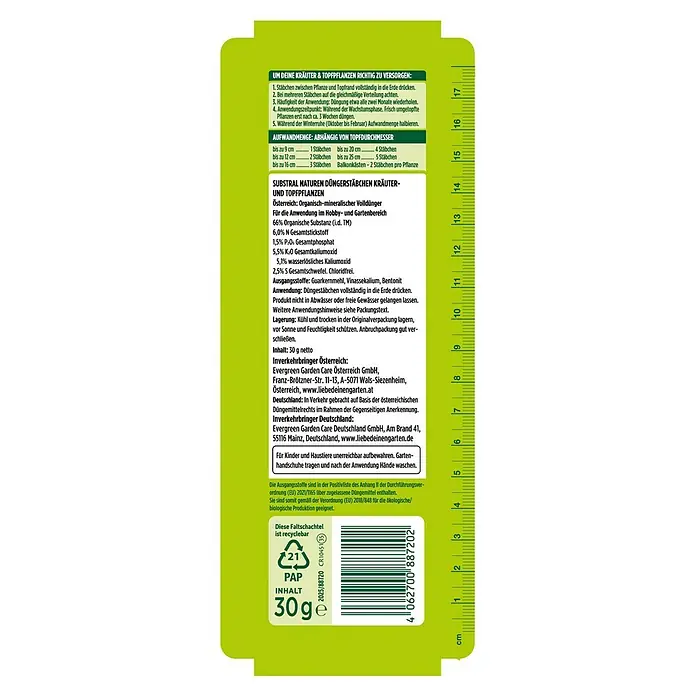 Substral Naturen Düngestäbchen Kräuter und Topfpflanzen - 30 Stk. - Abbildung der Anweisungen und Zusammensetzung der Substral Naturen Düngestäbchen Kräuter- und Topfpflanzen Verpackung.