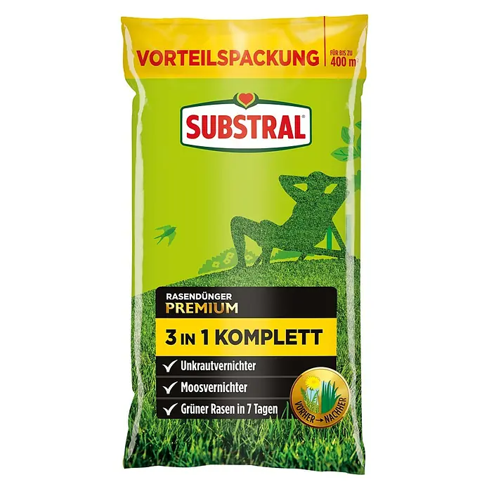 Substral Rasendünger Premium 3 in 1 - 14 kg, Max. Anwendungsfläche: 400 m² - Bild eines Substral Premium 3 in 1 Komplett Rasendüngers zur Unkraut- und Moosvernichtung für einen grünen Rasen in 7 Tagen.