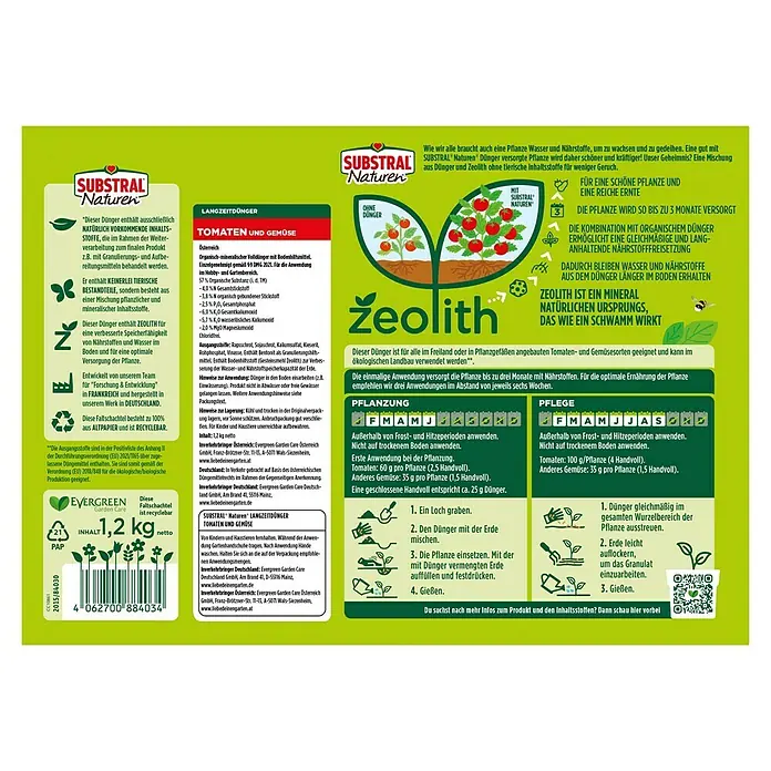 Substral Naturen Tomatendünger - 1,2 kg - Abbildung einer Packung Substral Naturen Langzeitdünger Tomaten und Gemüse mit Zeolith, einem organisch-mineralischen Volldünger.