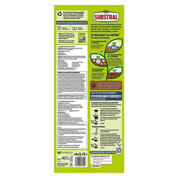 Substral Rhododendronerde - 40 l - SUBSTRAL® Erde für Moorbeetpflanzen im 40L Sack: Ideal für Rhododendren, Kamelien, Azaleen & Hortensien. Fördert Wurzelbildung & Wachstum.