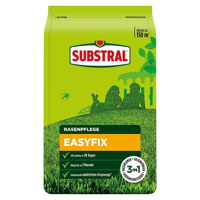 Substral Naturen Rasendünger Easyfix - 7,5 kg, Max. Anwendungsfläche: 150 m² - Produktabbildung des Substral EasyFix Rasenpflege 3in1, Rasensamen, Rasendünger und Bodenverbesserer für bis zu 150 m².
