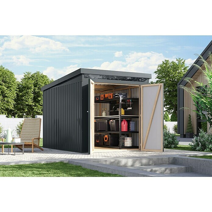 Karibu Gerätehaus Marder 2,5 (Außenmaß inkl. Dachüberstand (B x T): 215 x 298 cm, Stahl, Anthrazit) | BAUHAUS