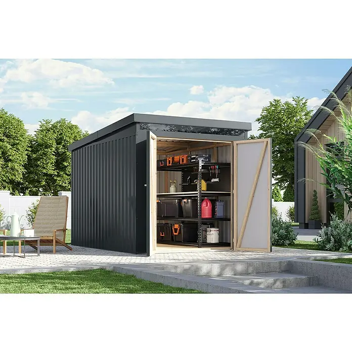 Karibu Gerätehaus Marder 2,5 - Außenmaß inkl. Dachüberstand (B x T): 215 x 298 cm, Stahl, Anthrazit - Geräumiger, wetterfester Geräteschuppen aus Metall mit offenen Türen und praktischen Regalen zur Aufbewahrung von Werkzeugen und Gartenzubehör.