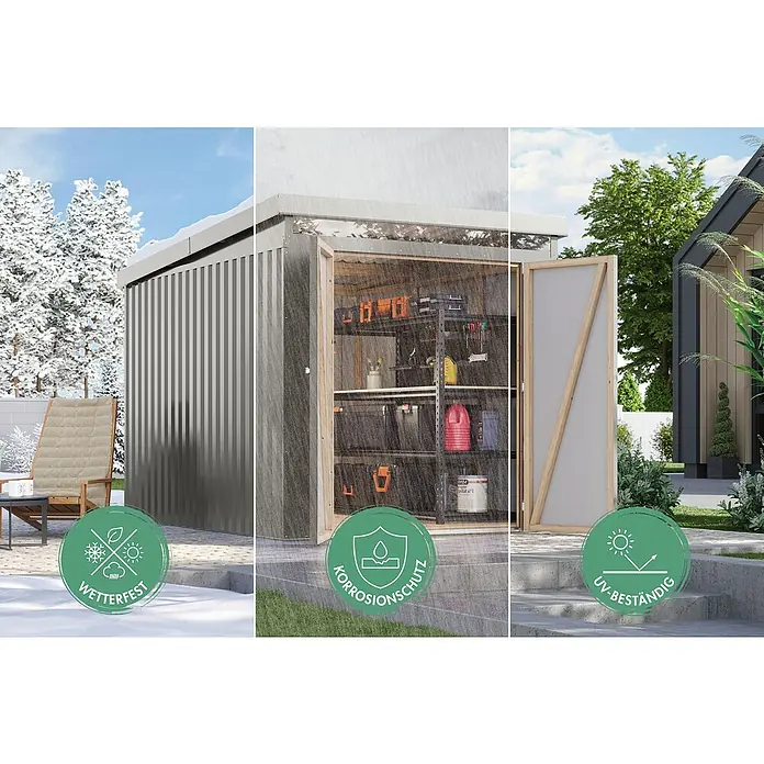 Karibu Gerätehaus Marder 2 - Außenmaß inkl. Dachüberstand (B x T): 215 x 215 cm, Stahl, Anthrazit - Abbildung eines modernen Geräteschuppens mit geöffneten Türen, der Wetterfestigkeit, Korrosionsschutz und UV-Beständigkeit bietet.