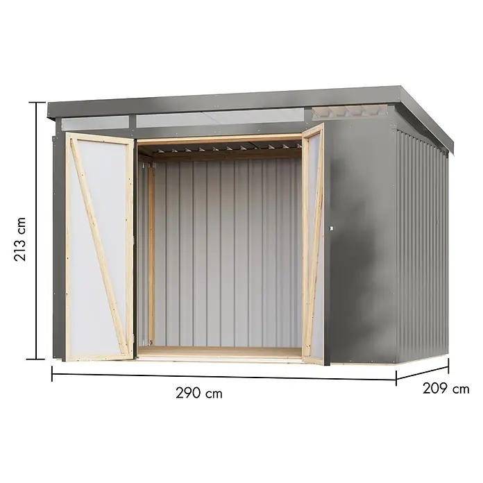 Karibu Gerätehaus Iridium 3 - Außenmaß inkl. Dachüberstand (B x T): 298 x 215 cm, Metall, Graualuminium - Bild eines Gerätehauses mit offenen Türen und Maßangaben (213 cm hoch, 290 cm breit, 209 cm tief).