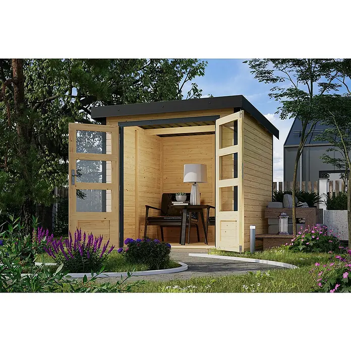 Karibu Gerätehaus Locknell Express - Außenmaß inkl. Dachüberstand (B x T): 228,5 x 235 cm, Holz, Naturbelassen/Anthrazit - Ein modernes Gartenhaus mit offenen Türen, das einen einladenden Blick auf eine stilvolle Sitzecke im Inneren bietet.