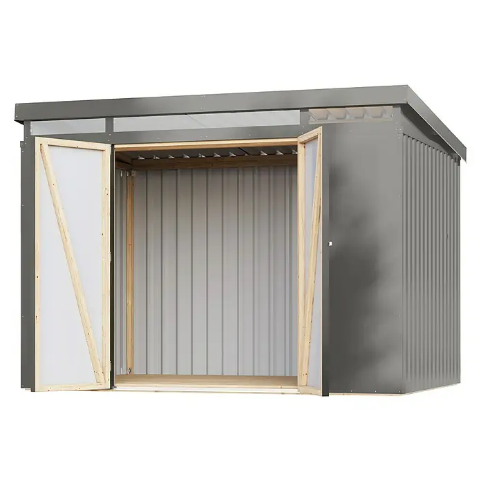 Karibu Gerätehaus Iridium 3 - Außenmaß inkl. Dachüberstand (B x T): 298 x 215 cm, Metall, Graualuminium - Geräumiger Geräteschuppen mit offenen Holztüren. Der Schuppen ist aus grauem Metall und bietet viel Stauraum.