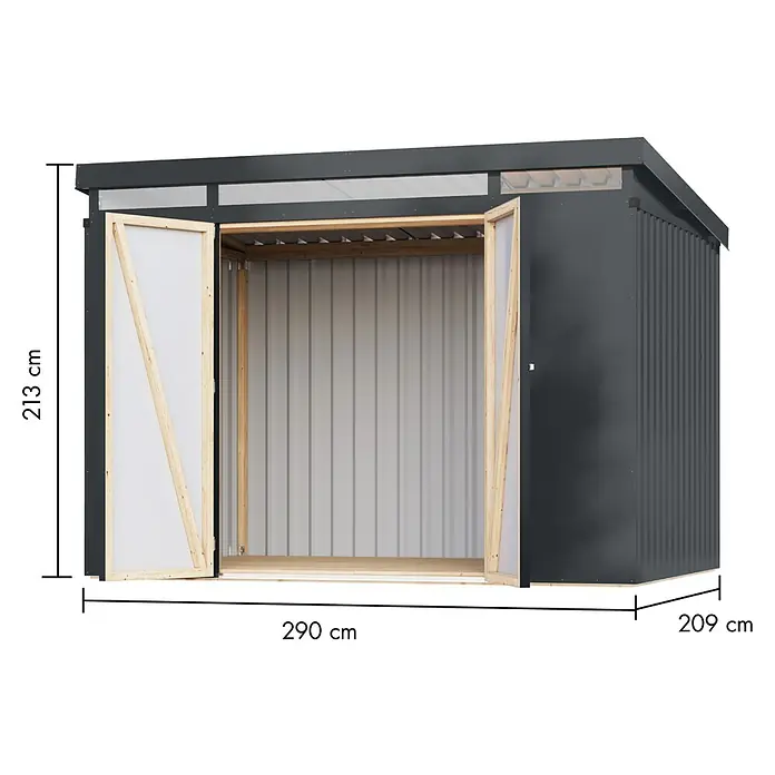 Karibu Gerätehaus Iridium 3 - Außenmaß inkl. Dachüberstand (B x T): 298 x 215 cm, Metall, Anthrazit - Abbildung eines anthrazitfarbenen Metall-Gartenschuppens mit Doppeltür und den Maßen 290 x 209 x 213 cm.