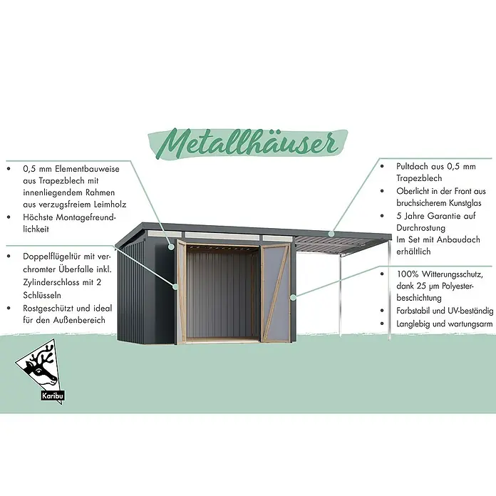 Karibu Gerätehaus Marder 2 - Außenmaß inkl. Dachüberstand (B x T): 215 x 215 cm, Stahl, Anthrazit - Abbildung eines grauen Metallgerätehauses mit Doppeltür und Vordach, ideal für den Außenbereich, mit detaillierten Produktmerkmalen.