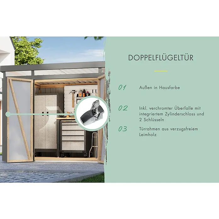 Karibu Gerätehaus Marder 2,5 - Außenmaß inkl. Dachüberstand (B x T): 215 x 298 cm, Stahl, Graualuminium - Doppelflügeltür mit lackierter Außenseite, verchromten Überfalle mit Zylinderschloss und Türrahmen aus Leimholz für Gartenhäuser.