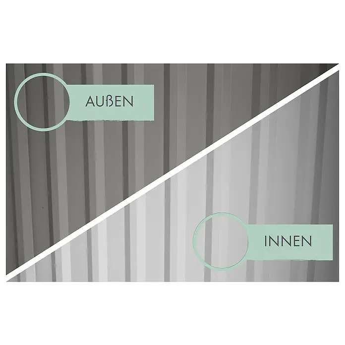 Karibu Gerätehaus Marder 2,5 - Außenmaß inkl. Dachüberstand (B x T): 215 x 298 cm, Stahl, Graualuminium - Darstellung des Unterschieds zwischen der Außen- und Innenseite eines Produkts, hervorgehoben durch Beschriftungen und Farbkontraste.